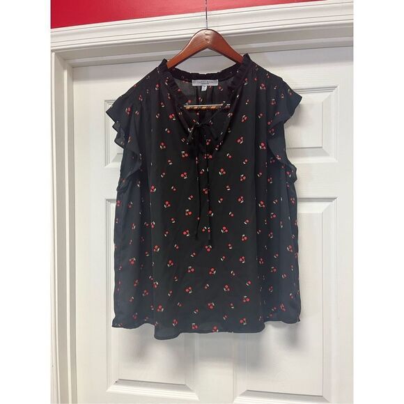Sweet Rain Tie Front Ruffle Neck Flutter Sleeve Black Cherry Print Blouse sz 3X - Picture 1 of 7